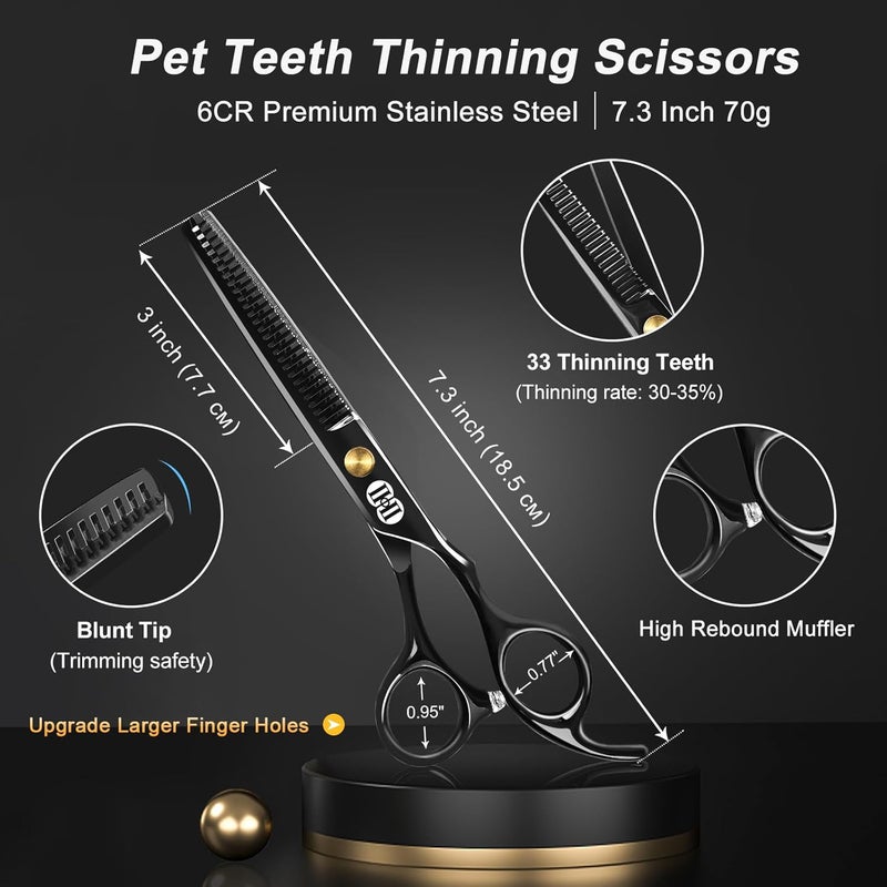 CIICII Dog Grooming Scissors Kit, 7 Inch Professional Pet Grooming Scissors Set with Safety Round Tip (Dogs/Cat Hair Cutting Trimming Thinning Shears with Curved Scissors) for DIY Home Salon (Black) - Image 4